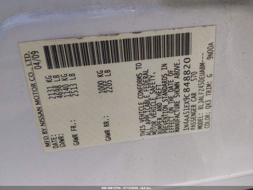 2009 Nissan Maxima 3.5 Sv VIN: 1N4AA51EX9C848820 Lot: 45612794