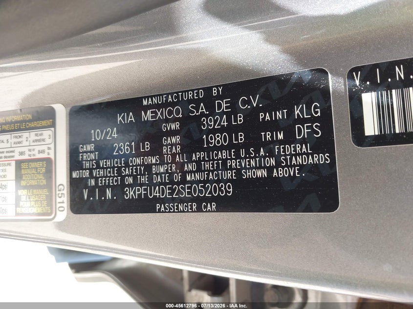 2025 Kia K4 Ex VIN: 3KPFU4DE2SE052039 Lot: 45612796