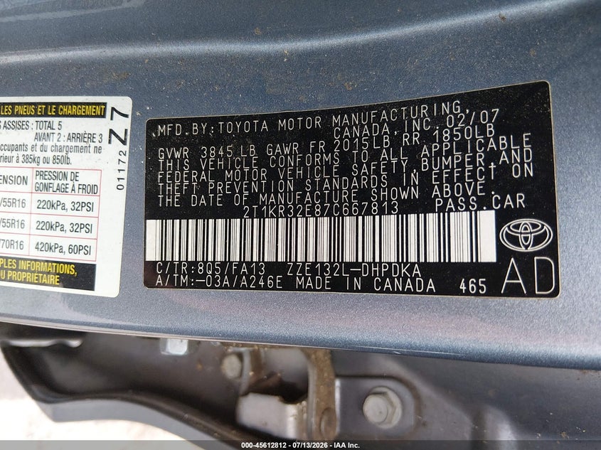 2007 Toyota Matrix VIN: 2T1KR32E87C667813 Lot: 45612812