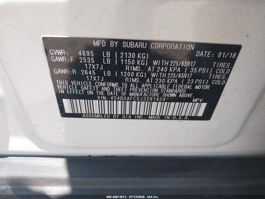 2018 Subaru Outback 2.5I Premium VIN: 4S4BSAFC5J3291424 Lot: 45612813