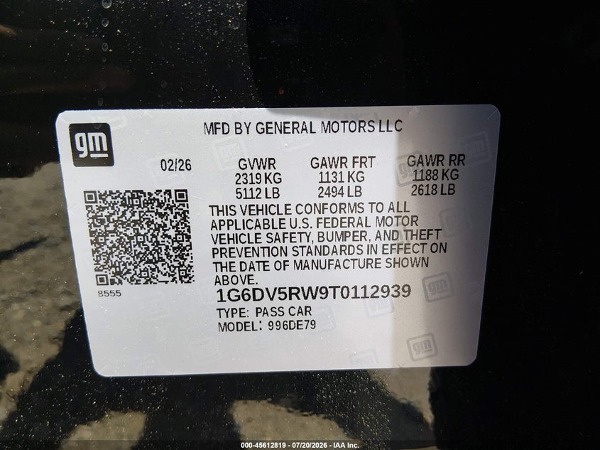 2026 Cadillac Ct5-V V-Series Rwd VIN: 1G6DV5RW9T0112939 Lot: 45612819