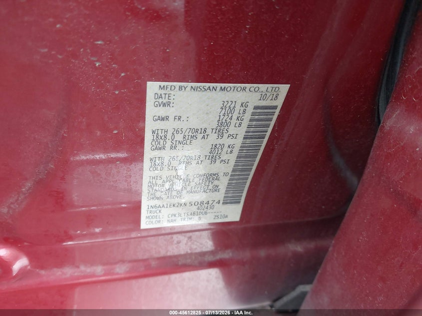 2019 Nissan Titan Sv VIN: 1N6AA1EK2KN508474 Lot: 45612825