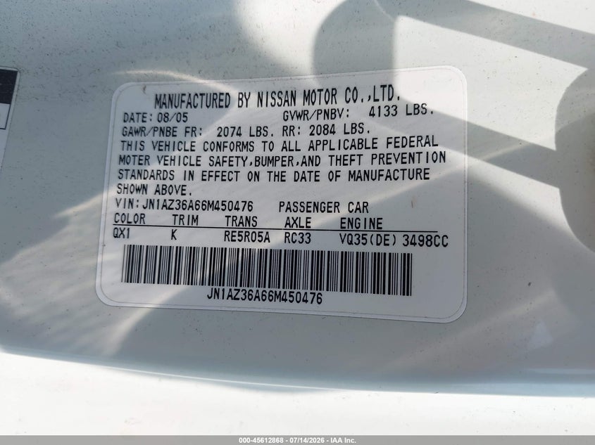 2006 Nissan 350Z Touring VIN: JN1AZ36A66M450476 Lot: 45612868