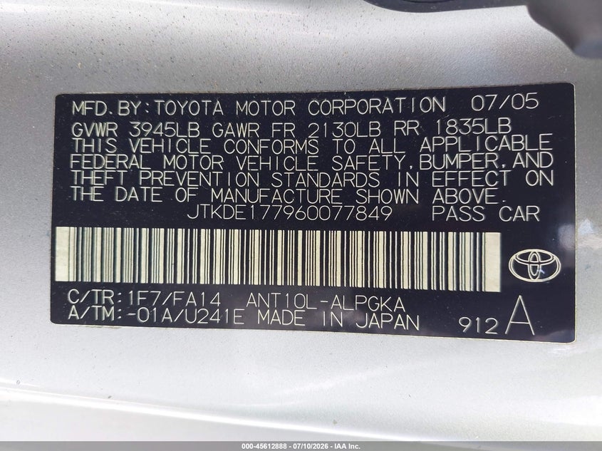 2006 Scion Tc VIN: JTKDE177960077849 Lot: 45612888