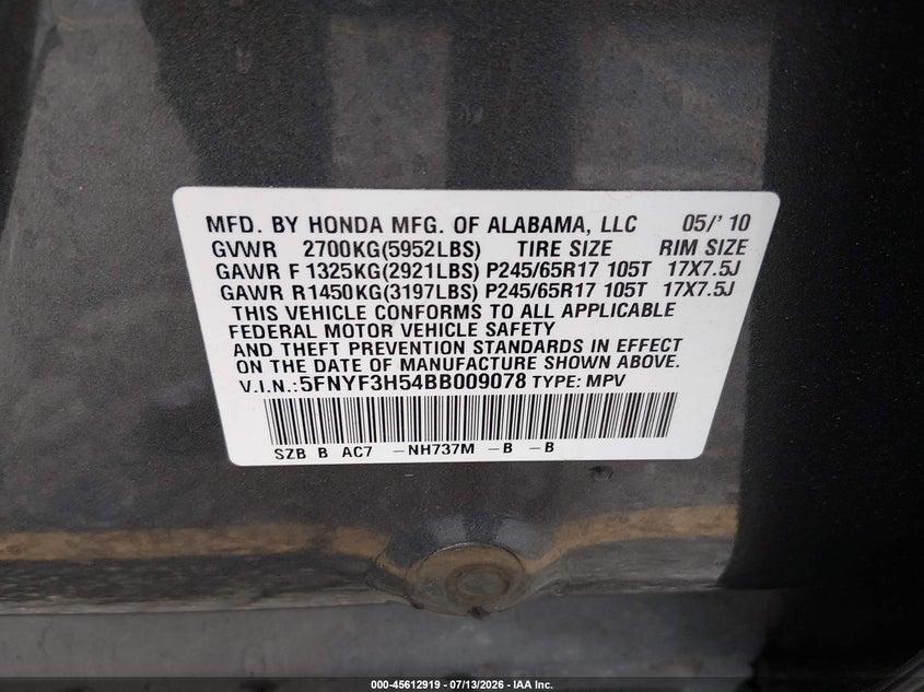 2011 Honda Pilot Ex-L VIN: 5FNYF3H54BB009078 Lot: 45612919