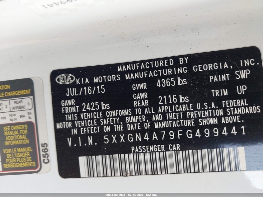 2015 Kia Optima Ex VIN: 5XXGN4A79FG499441 Lot: 45612931