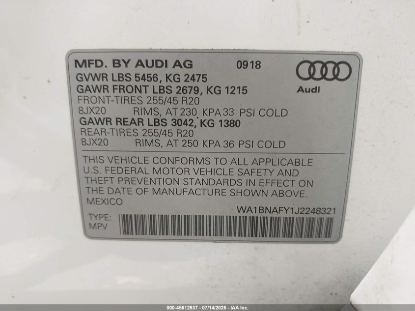 2018 Audi Q5 2.0T Premium/2.0T Tech Premium VIN: WA1BNAFY1J2248321 Lot: 45612937