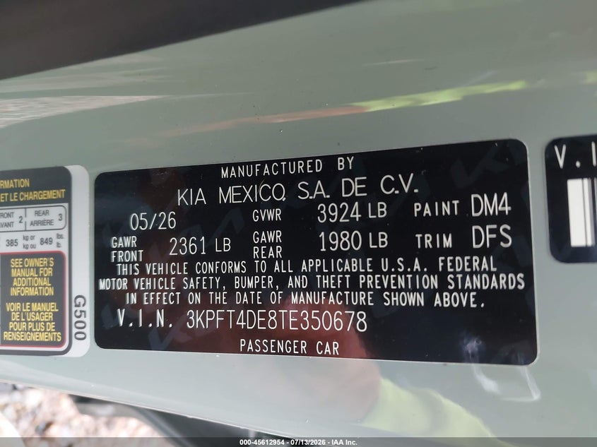 2026 Kia K4 Lxs VIN: 3KPFT4DE8TE350678 Lot: 45612954