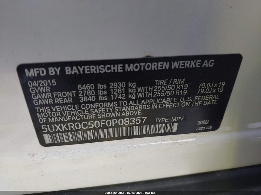 2015 BMW X5 xDrive35I VIN: 5UXKR0C50F0P08357 Lot: 45612955