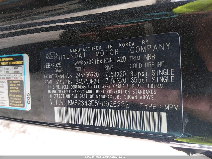 2025 Hyundai Palisade Xrt VIN: KM8R34GE5SU926232 Lot: 45612984