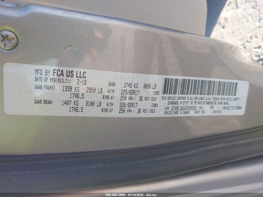 2016 Chrysler Town & Country Touring VIN: 2C4RC1BG6GR305355 Lot: 45612999