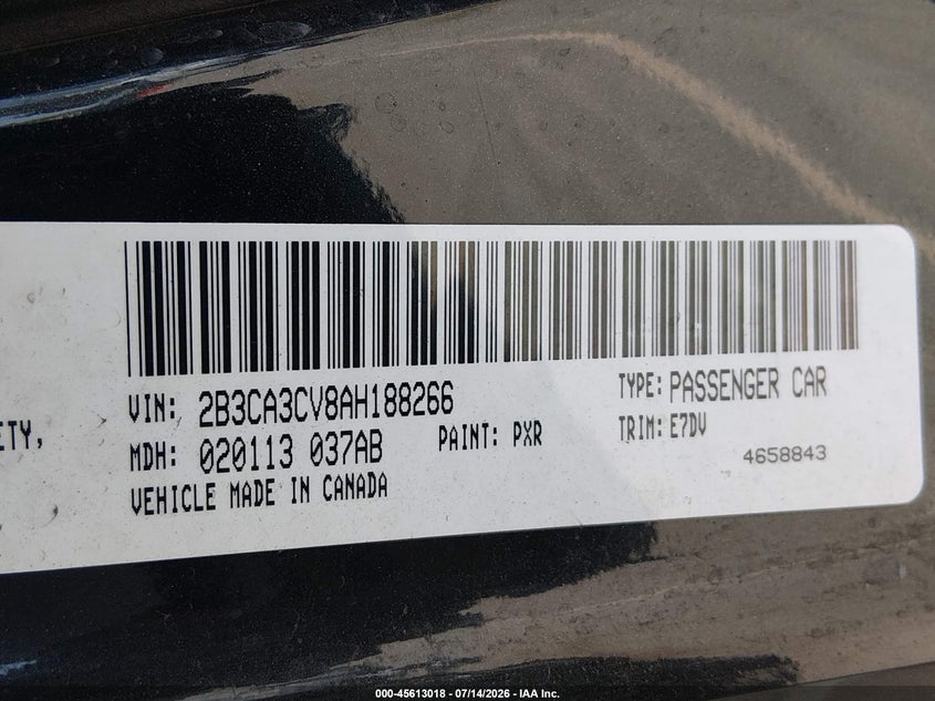 2010 Dodge Charger Sxt VIN: 2B3CA3CV8AH188266 Lot: 45613018