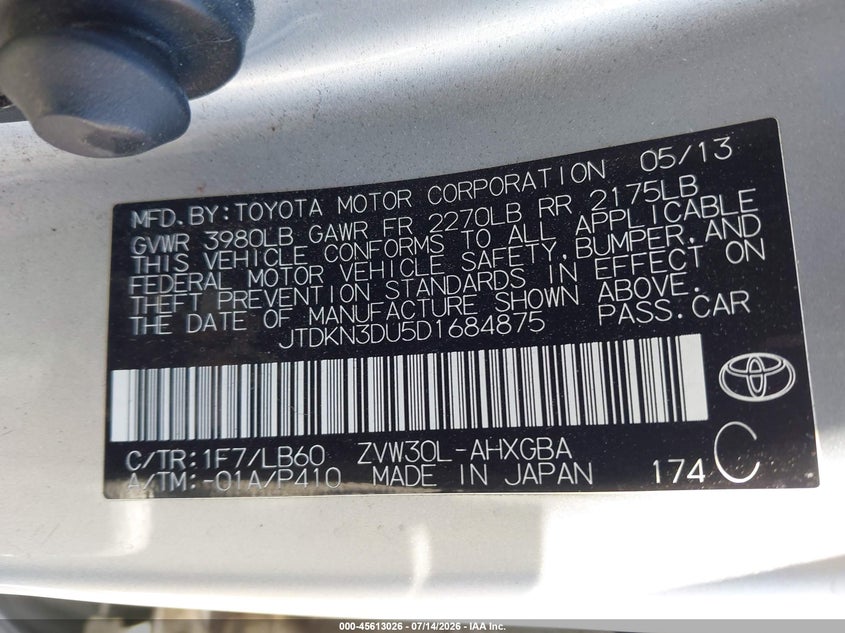 2013 Toyota Prius Four VIN: JTDKN3DU5D1684875 Lot: 45613026