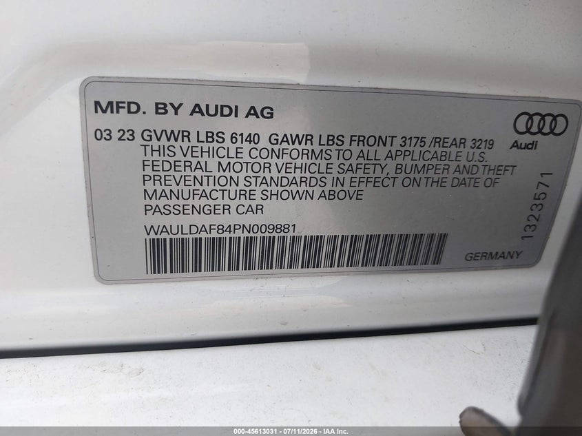 2023 Audi A8 L 55 Tfsi Quattro Tiptronic VIN: WAULDAF84PN009881 Lot: 45613031