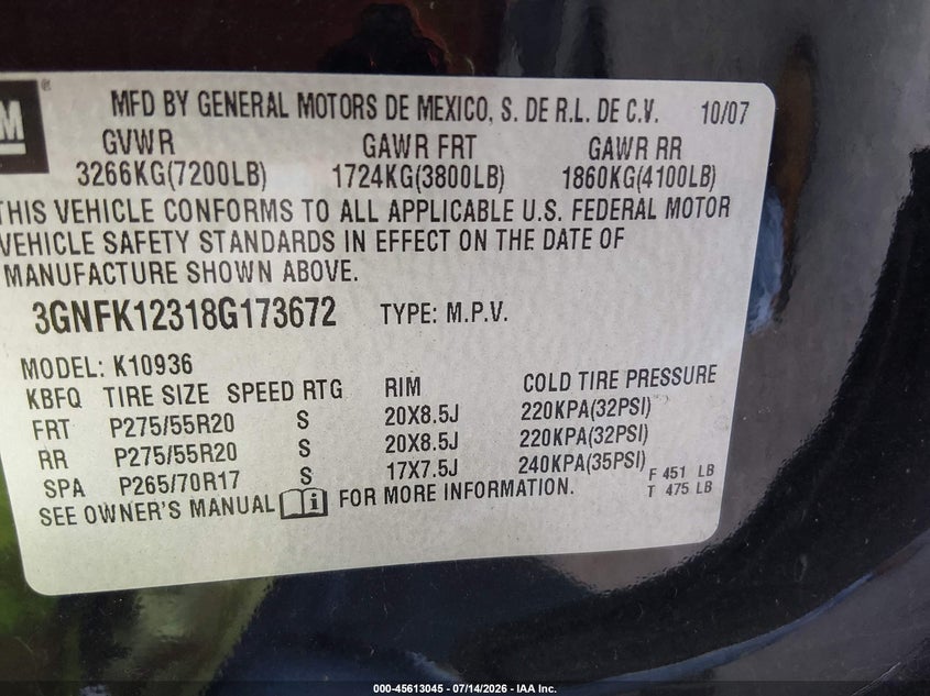 2008 Chevrolet Avalanche 1500 Ltz VIN: 3GNFK12318G173672 Lot: 45613045