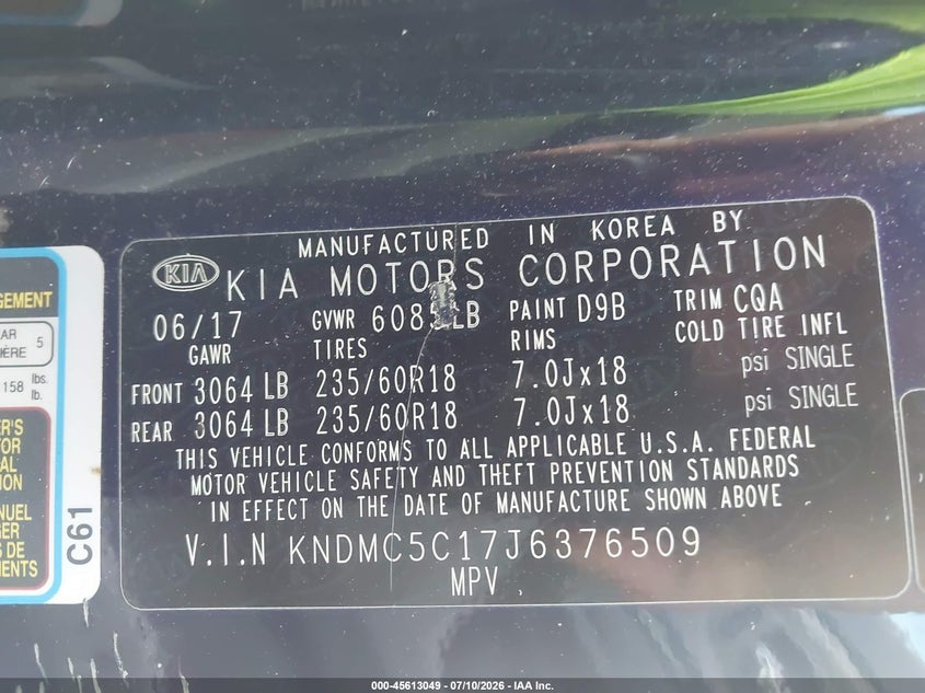 2018 Kia Sedona Sx VIN: KNDMC5C17J6376509 Lot: 45613049