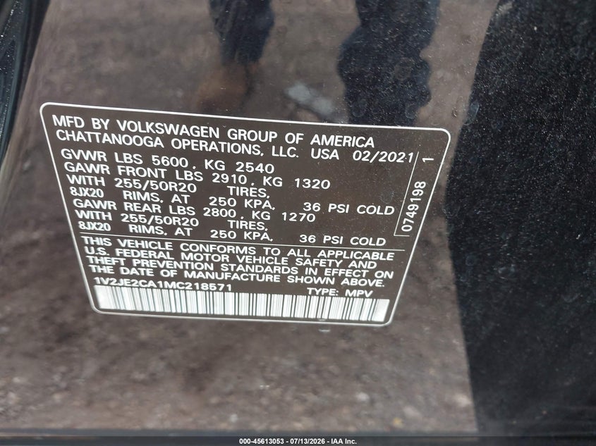 2021 Volkswagen Atlas Cross Sport 3.6L V6 Se W/Technology VIN: 1V2JE2CA1MC218571 Lot: 45613053