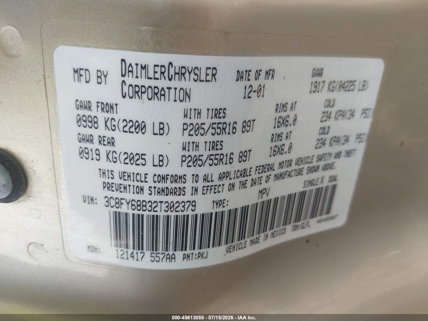 2002 Chrysler Pt Cruiser Limited VIN: 3C8FY68B32T302379 Lot: 45613058