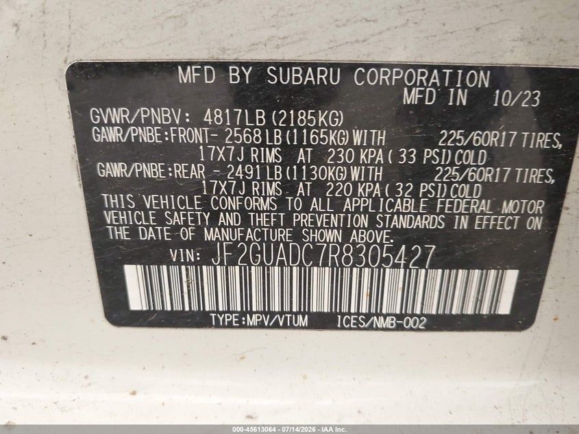2024 Subaru Crosstrek Premium VIN: JF2GUADC7R8305427 Lot: 45613064