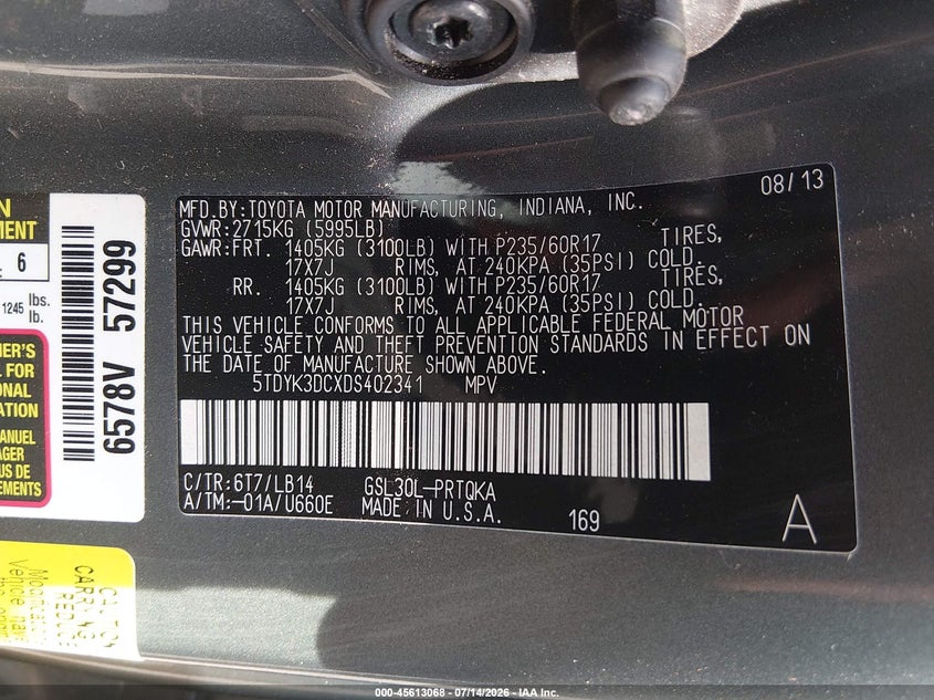 2013 Toyota Sienna Xle V6 8 Passenger VIN: 5TDYK3DCXDS402341 Lot: 45613068