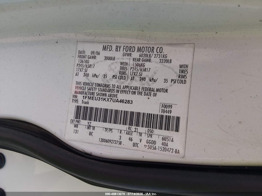 2007 Ford Explorer Sport Trac Xlt VIN: 1FMEU31KX7UA46283 Lot: 45613079