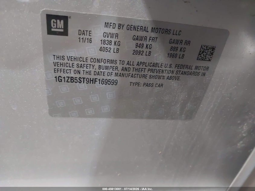 2017 Chevrolet Malibu Ls VIN: 1G1ZB5ST9HF169599 Lot: 45613081