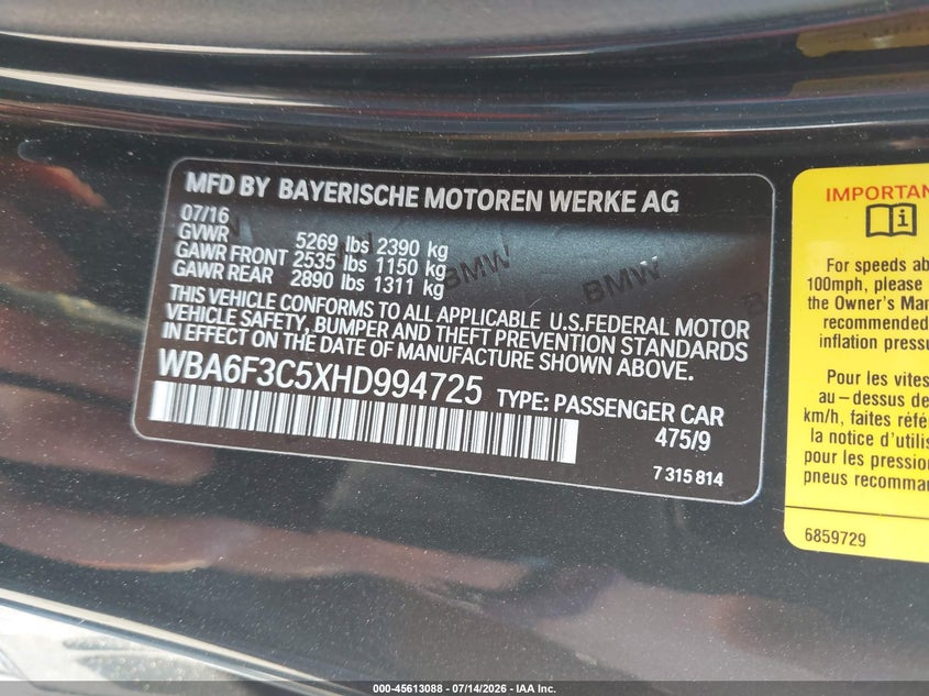 2017 BMW 640I xDrive VIN: WBA6F3C5XHD994725 Lot: 45613088