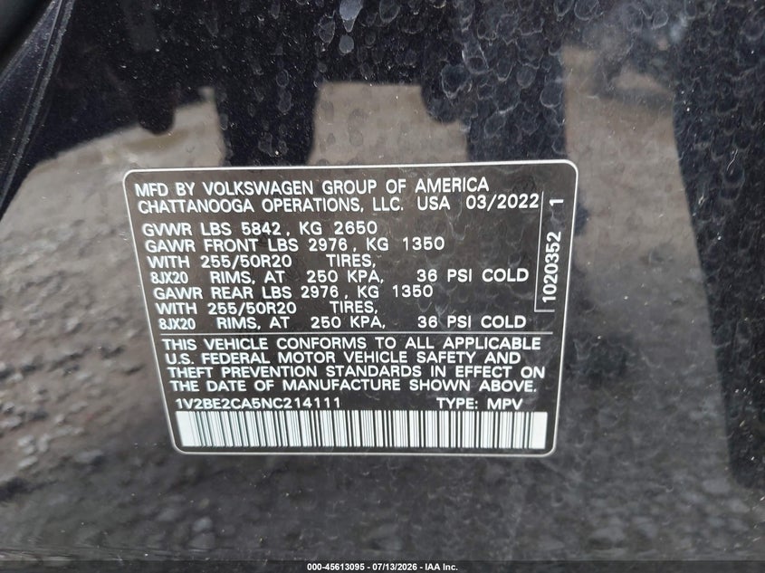 2022 Volkswagen Atlas Cross Sport 3.6L V6 Sel VIN: 1V2BE2CA5NC214111 Lot: 45613095