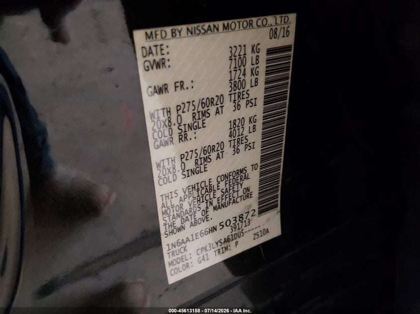 2017 Nissan Titan Platinum Reserve VIN: 1N6AA1E66HN503872 Lot: 45613158
