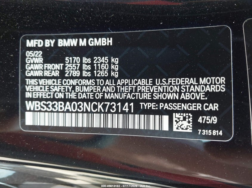 2022 BMW M4 Competition xDrive VIN: WBS33BA03NCK73141 Lot: 45613182