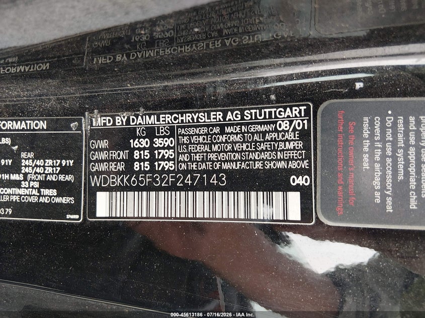 2002 Mercedes-Benz Slk 320 VIN: WDBKK65F32F247143 Lot: 45613186