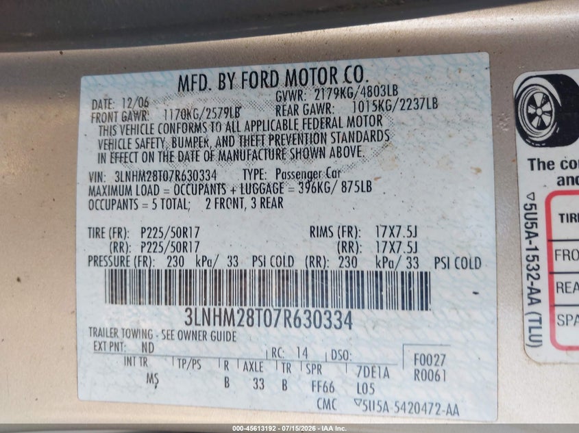 2007 Lincoln Mkz VIN: 3LNHM28T07R630334 Lot: 45613192