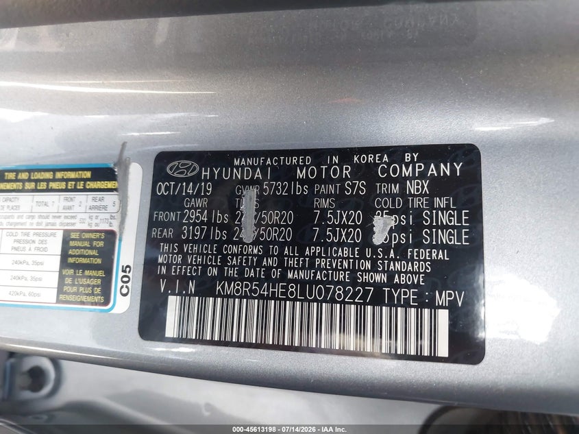 2020 Hyundai Palisade Limited VIN: KM8R54HE8LU078227 Lot: 45613198