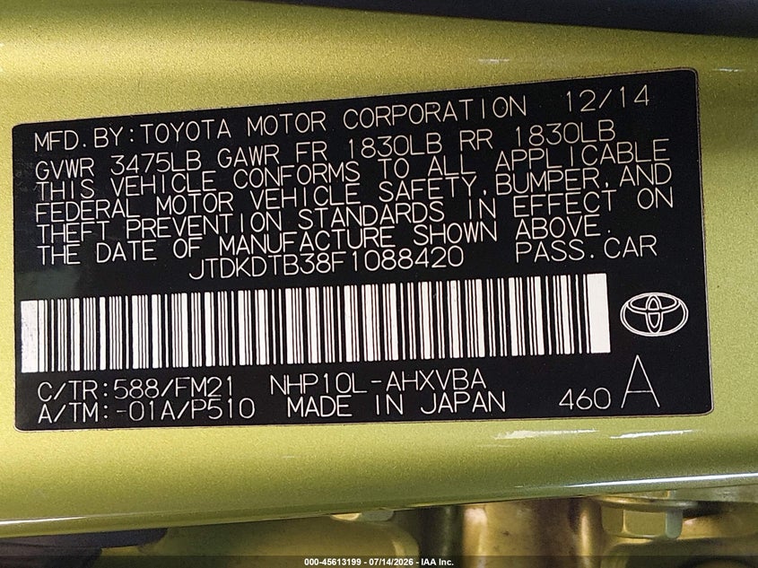 2015 Toyota Prius C Two VIN: JTDKDTB38F1088420 Lot: 45613199