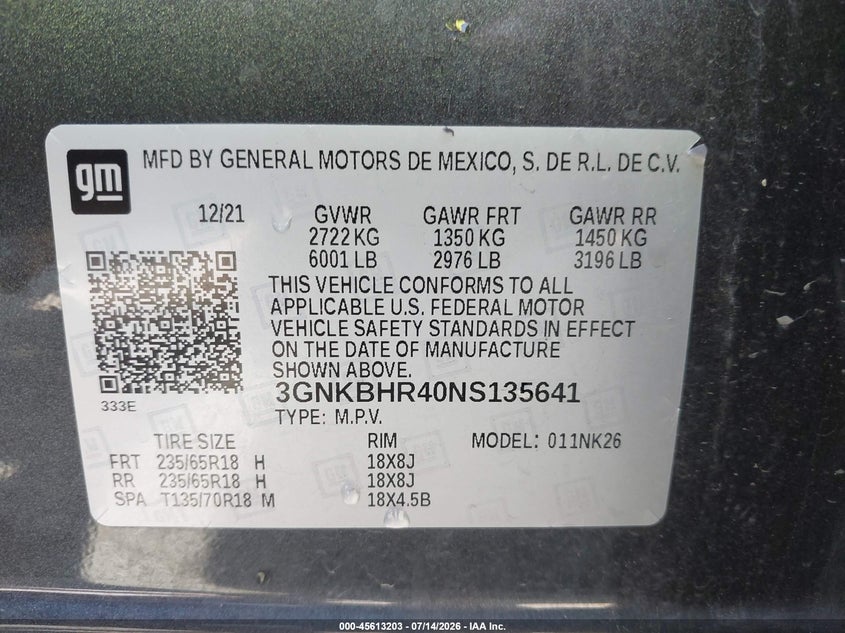 2022 Chevrolet Blazer Awd 2Lt VIN: 3GNKBHR40NS135641 Lot: 45613203