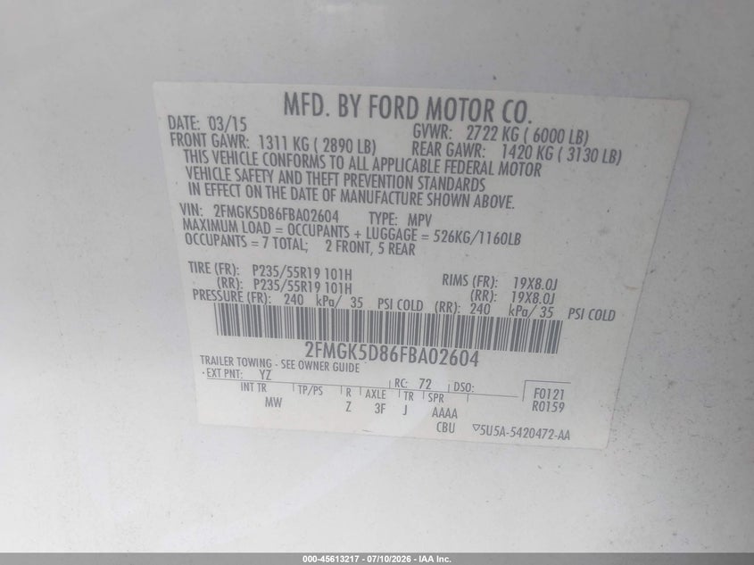 2015 Ford Flex Limited VIN: 2FMGK5D86FBA02604 Lot: 45613217