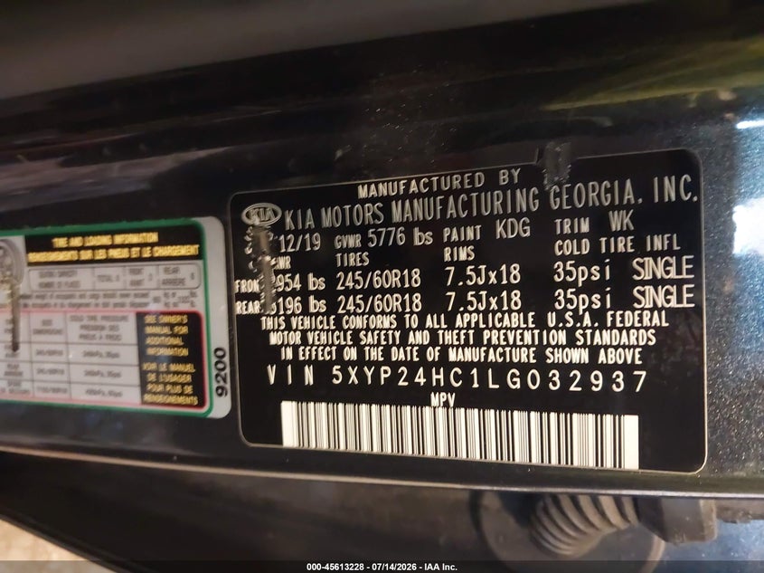 2020 Kia Telluride Lx VIN: 5XYP24HC1LG032937 Lot: 45613228