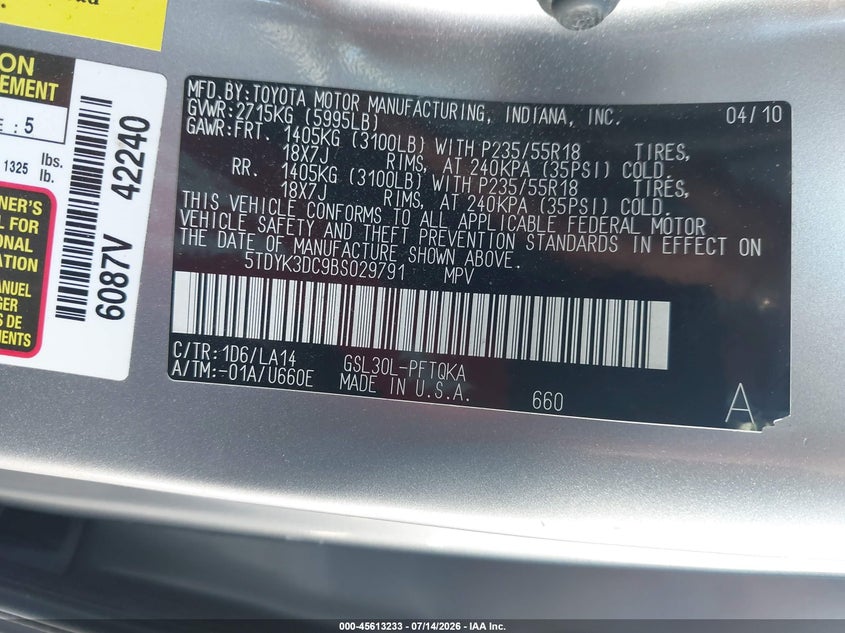2011 Toyota Sienna Limited V6 VIN: 5TDYK3DC9BS029791 Lot: 45613233