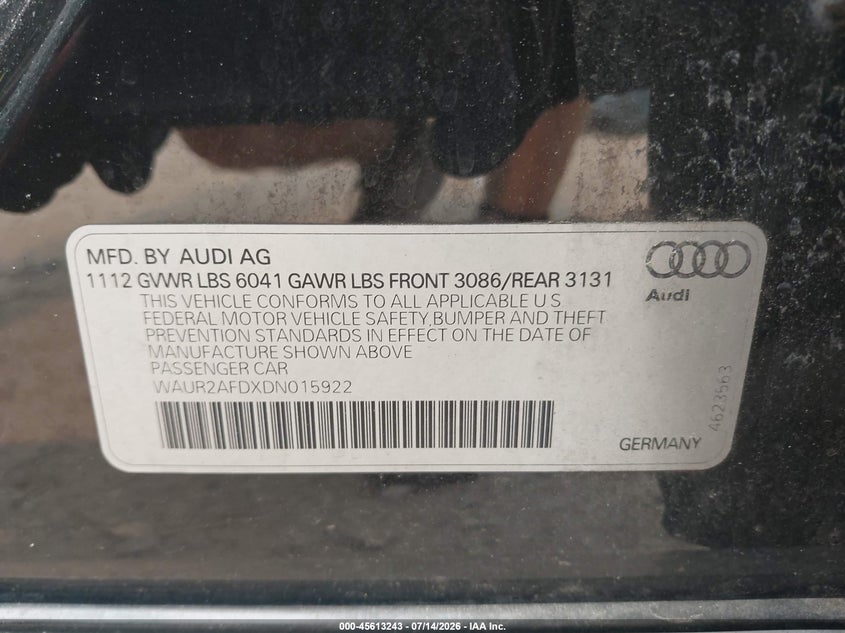 2013 Audi A8 L 4.0T VIN: WAUR2AFDXDN015922 Lot: 45613243
