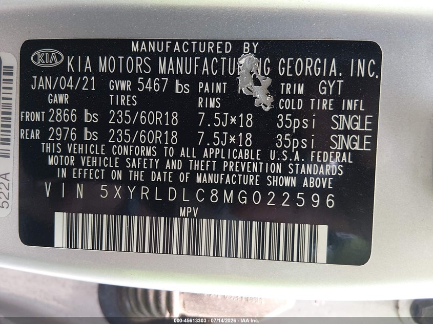 2021 Kia Sorento S VIN: 5XYRLDLC8MG022596 Lot: 45613303