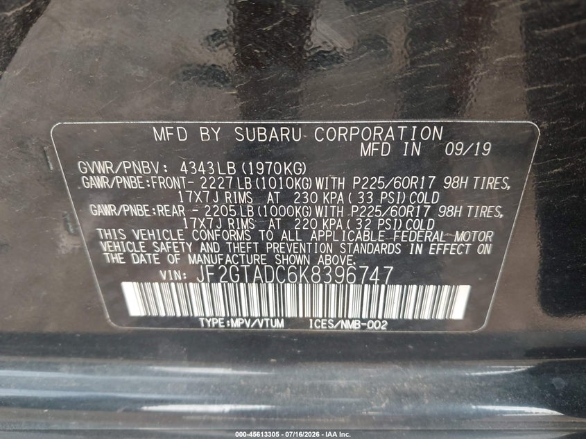 2019 Subaru Crosstrek 2.0I Premium VIN: JF2GTADC6K8396747 Lot: 45613305