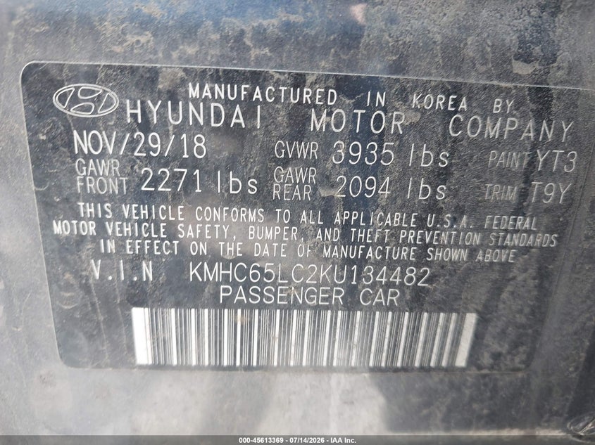 2019 Hyundai Ioniq Hybrid Blue VIN: KMHC65LC2KU134482 Lot: 45613369