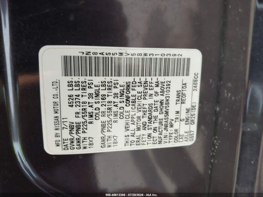 2011 Nissan Rogue Sv VIN: JN8AS5MV5BW310392 Lot: 45613386