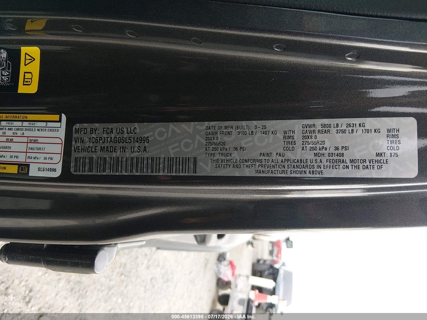 2025 Jeep Gladiator Nighthawk VIN: 1C6PJTAG0SL514996 Lot: 45613395