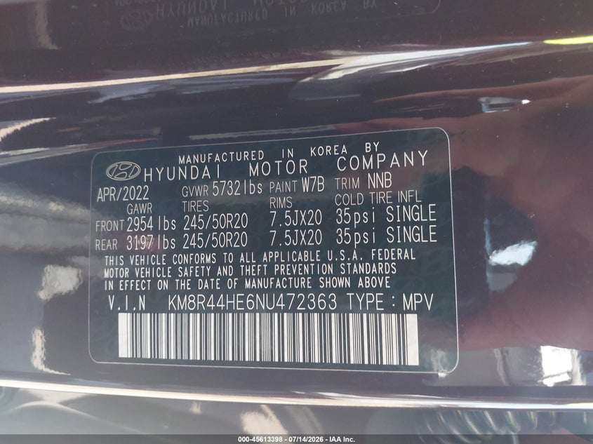 2022 Hyundai Palisade Sel VIN: KM8R44HE6NU472363 Lot: 45613398