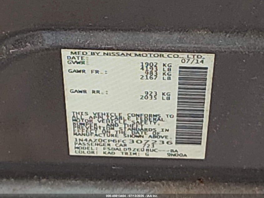 2015 Nissan Leaf Sv VIN: 1N4AZ0CP6FC307236 Lot: 45613404