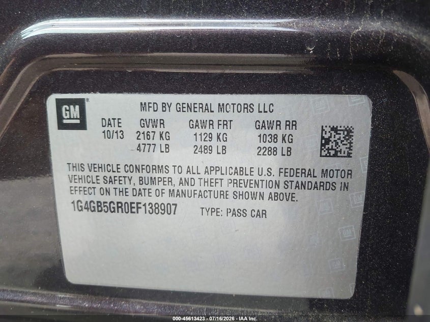 2014 Buick Lacrosse Leather Group VIN: 1G4GB5GR0EF138907 Lot: 45613423