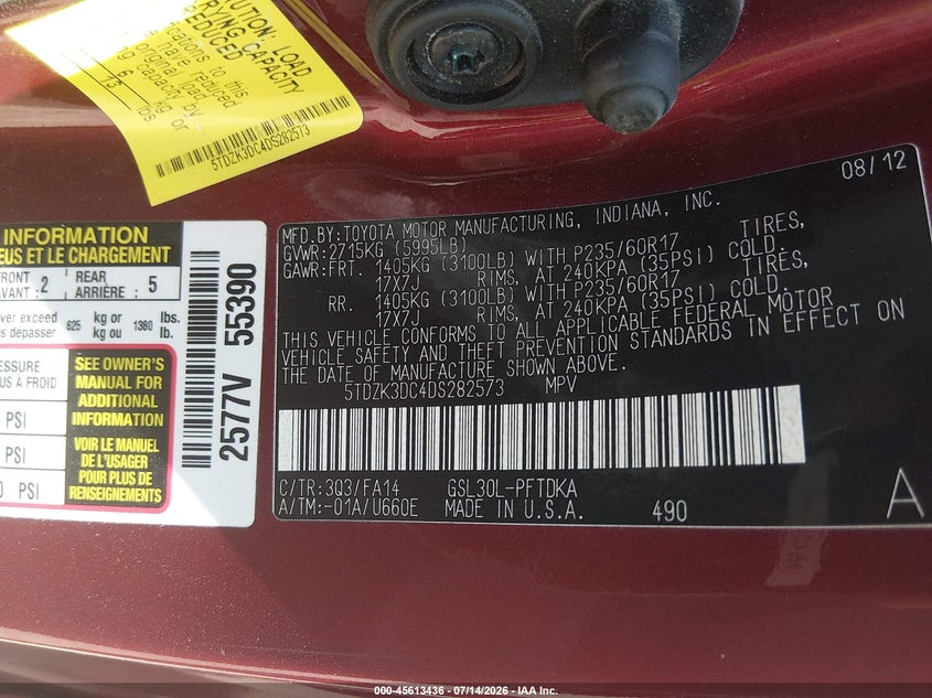 2013 Toyota Sienna L V6 7 Passenger VIN: 5TDZK3DC4DS282573 Lot: 45613436