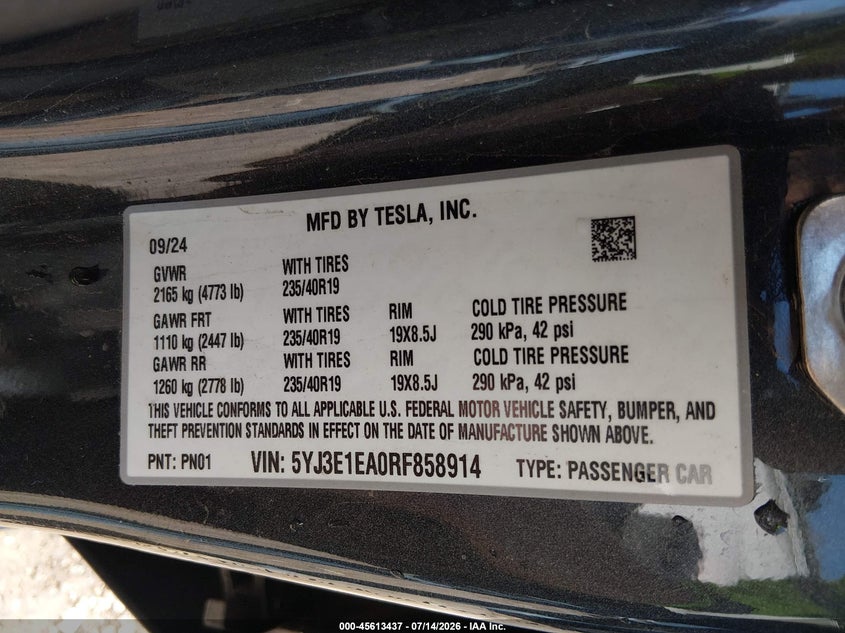 2024 Tesla Model 3 Long Range Dual Motor All-Wheel Drive/Rear-Wheel Drive VIN: 5YJ3E1EA0RF858914 Lot: 45613437