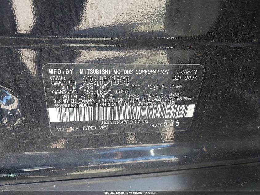 2024 Mitsubishi Eclipse Cross Es S-Awc VIN: JA4ATUAA7RZ027385 Lot: 45613440